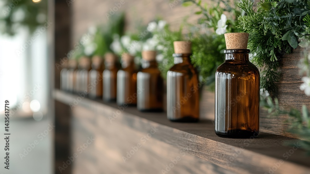 A row of amber bottles with cork tops stands elegantly on a wooden shelf, surrounded by lush greenery and floral elements, showcasing a perfect blend of nature and design. A row of amber bottles with cork tops stands elegantly on a wooden shelf, surrounded by lush greenery and floral elements, showcasing a perfect blend of nature and design.
