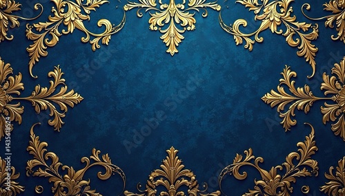 Intricate floral damask pattern in elegant gold on deep blue background , interior design, print, acanthus