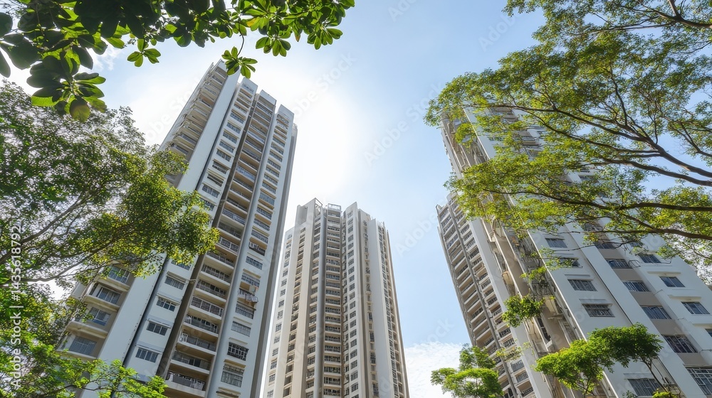 Tall residential buildings reaching towards a bright sky with lush greenery surrounding them Tall residential buildings reaching towards a bright sky with lush greenery surrounding them
