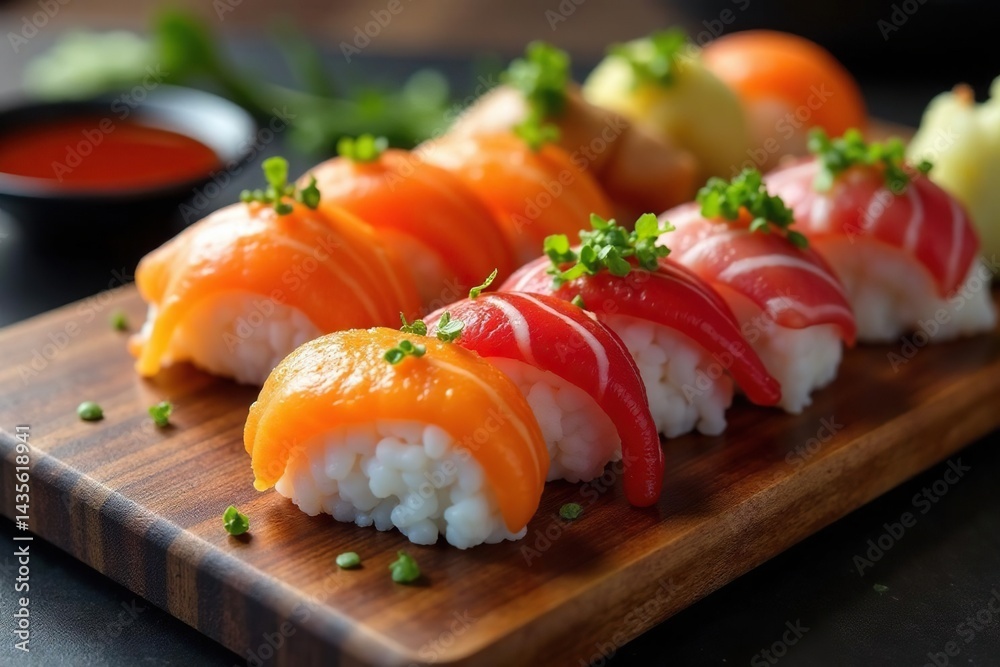 Colorful sushi platter, ginger, wasabi, soy sauce , salmon, tuna, meal Colorful sushi platter, ginger, wasabi, soy sauce , salmon, tuna, meal
