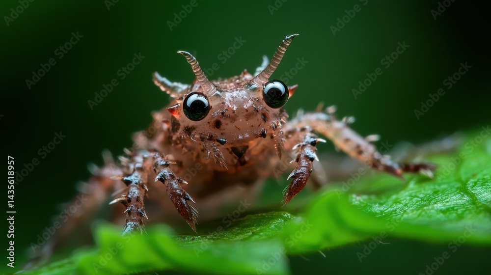 Fototapeta premium This macro image showcases a unique bug with striking horns and big eyes, revealing the intricate details of nature's fascinating creatures through an artistic lens.