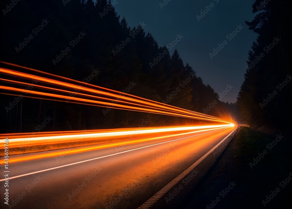 Obraz premium Nighttime orange vehicle lights long exposure