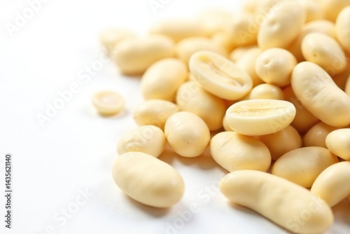 Close-up of raw white beans on white background, culinary photography, studio, vegetarian