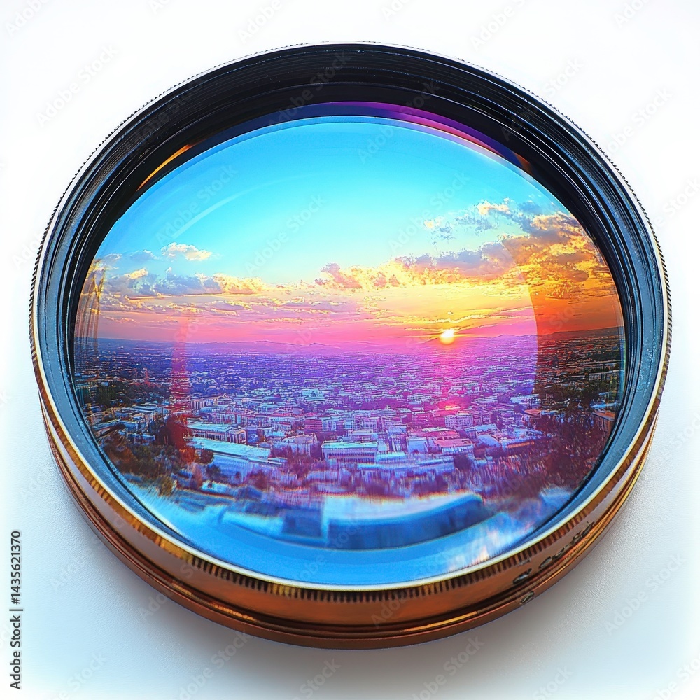 Lens capturing a vibrant sunset over a city skyline with rich colors and details