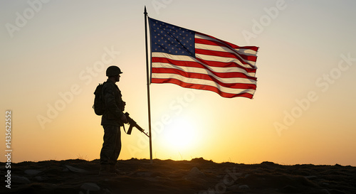 Silhouette Soldier American Flag Sunset
