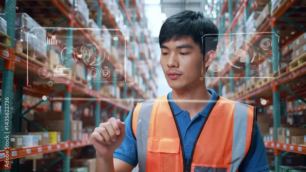 Young Man Interacting with Digital Interface in Warehouse Setting for Inventory Management