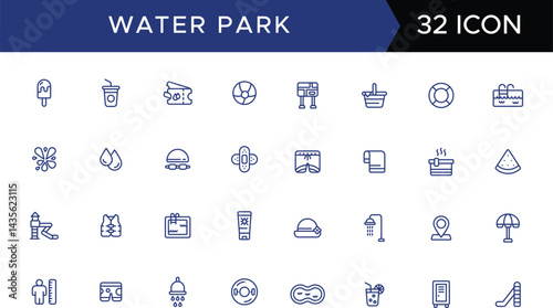 Water park and doodle line icon set. Group of objects. Enjoyment, fun, circus, entertainment.