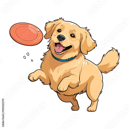 Vector Illustration of Cute Golden Retriever Dog Catching Frisbee on White Background