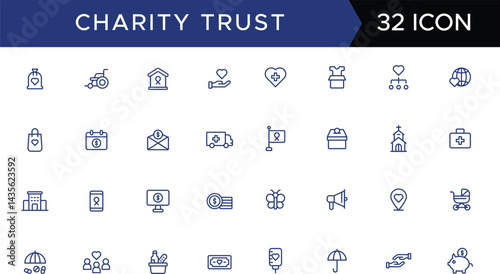 Charity trust line icons. Integrity, confidence, reliability, credibility, empathy, and friends collection. Vector illustration.