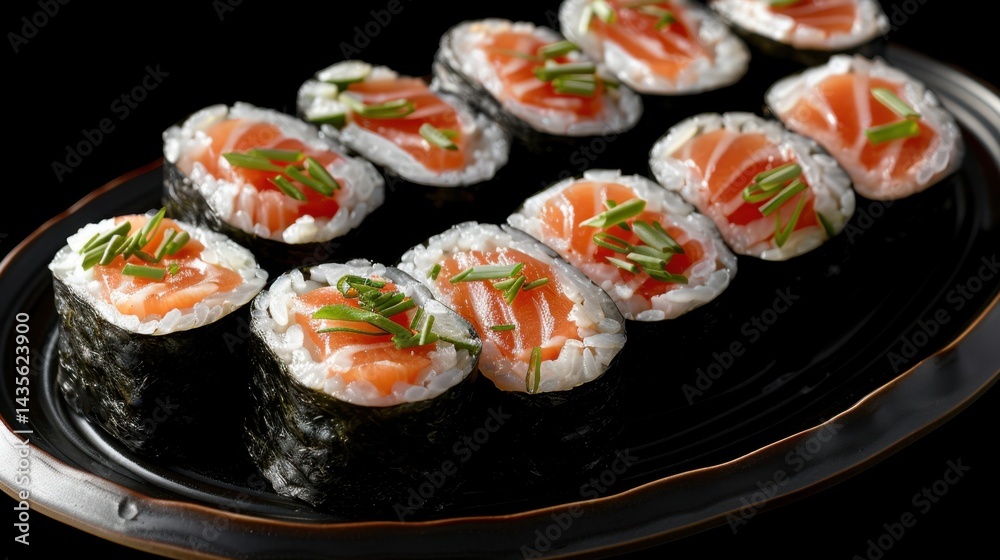 Japanese sushi rolls neatly arranged on black plate Japanese sushi rolls neatly arranged on black plate