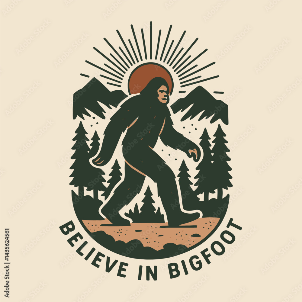 Fototapeta premium Illustration of Bigfoot Walking Through Forest Under Rising Sun