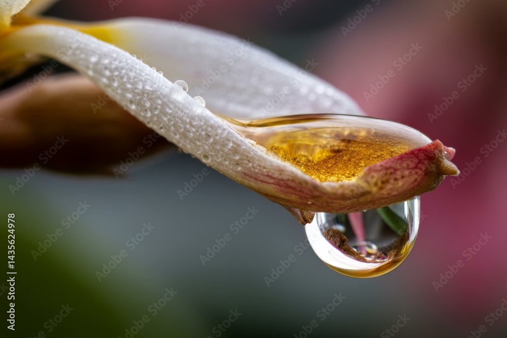 Naklejka premium Close-up showing the delicate petal of a plumeria flower with water droplets clinging and a large drop hanging from its tip