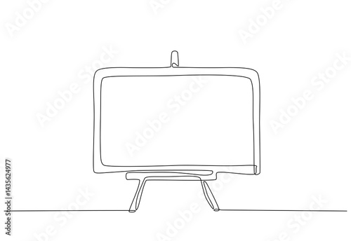 Continuous one line vector illustration of a blank whiteboard or TV screen on easel stand with frame. Ideal for art, ads, or business presentations. Editable stroke.