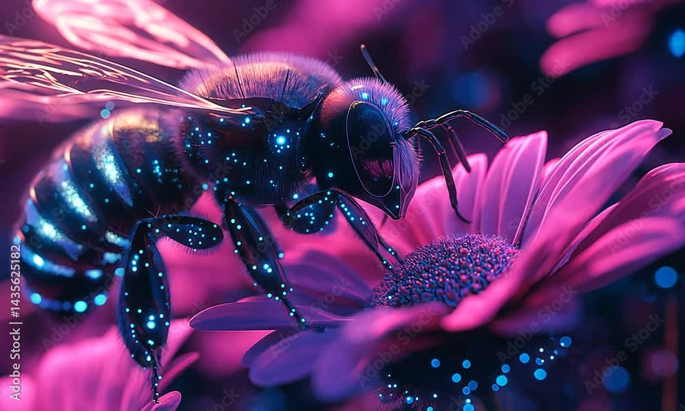 Glowing futuristic bee pollinating pink flower in ultraviolet light on surreal background. Concept of neon insect world