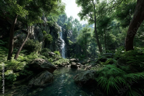 Tranquil waterfall cascading into a stream, surrounded by lush ferns, trees, and mossy rocks in a serene forest environment.