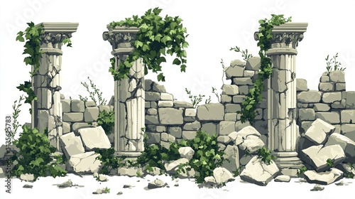 Ancient stone ruins with ivy-covered columns.