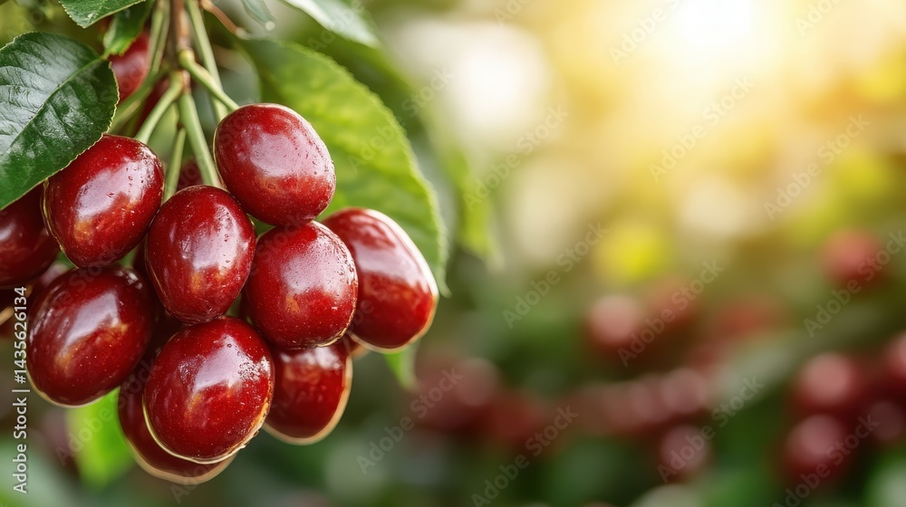 A cluster of plump, shiny red tomatoes suspended from a green branch, capturing the essence of richness and vitality in nature's produce. A cluster of plump, shiny red tomatoes suspended from a green branch, capturing the essence of richness and vitality in nature's produce.