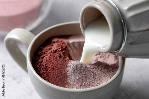 Adding Fresh Milk to Mug with Different Flavored Powder Drink Mixes for Refreshing Beverage Preparation