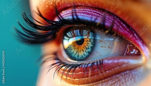 Macro close-up of a woman's vivid eye with colorful makeup and long lashes