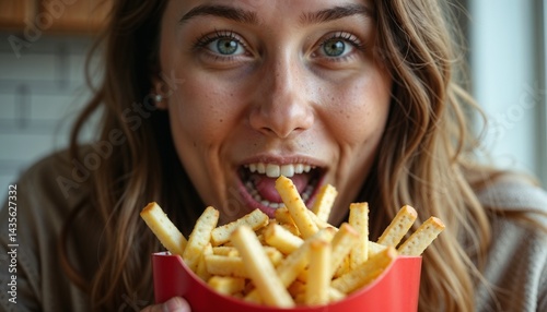 Young woman expressing joy while holding a box of French fries in a bright kitchen