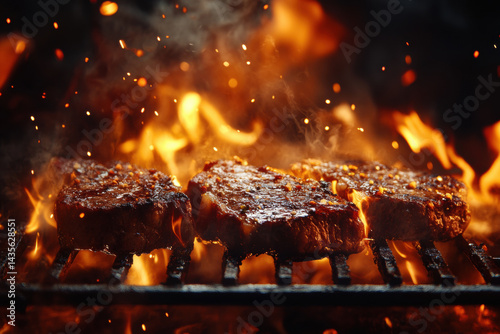 Flames engulf steaks on a grill, sizzling and searing the meat to perfection, creating a mouth-watering scene of cooking in action. photo