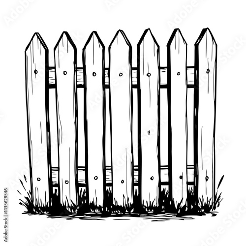 Hand-drawn wooden fence in black and white with grass  