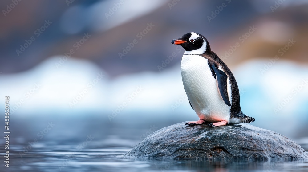 Naklejka premium A captivating Gentoo penguin perches elegantly on a rock at the water's edge, reflecting nature's beauty and the serene ambiance of the frozen landscape.