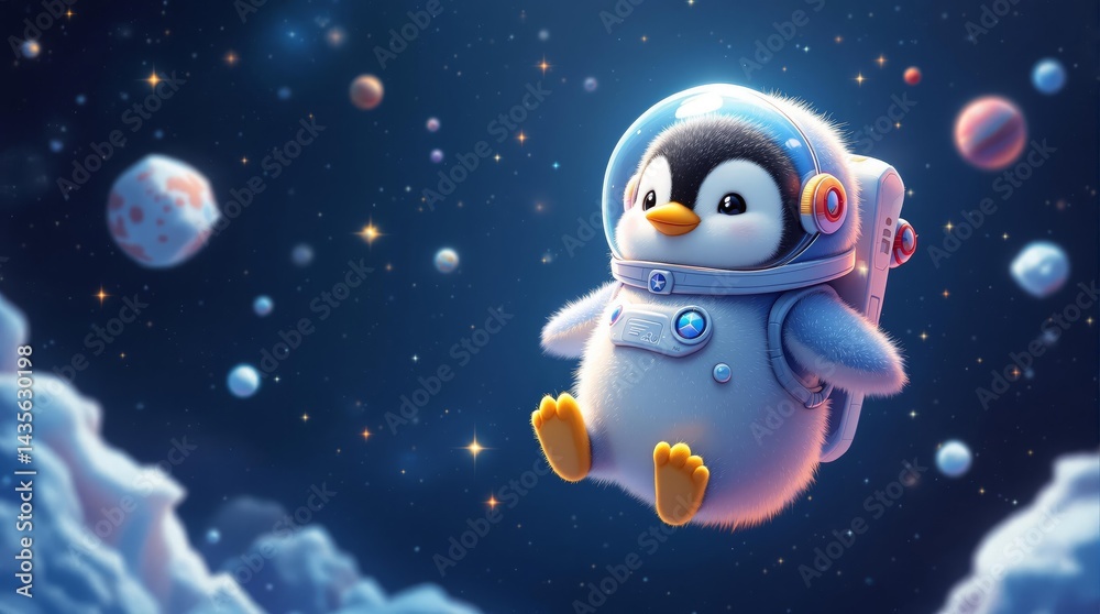 Fototapeta premium Cute cartoon penguin in astronaut suit floating in space among planets. Whimsical art.