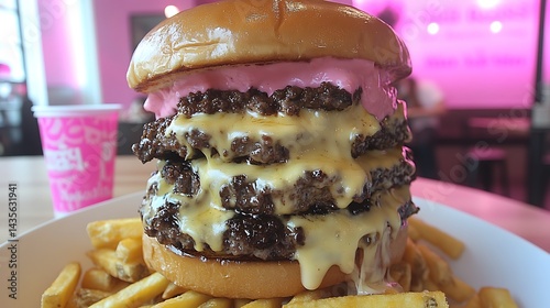 Triple patty burger, melted cheese, pink sauce, fries