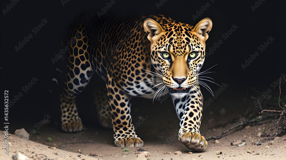 Naklejka premium A fierce and focused leopard moves silently through the shadows, its piercing eyes locked onto its target.