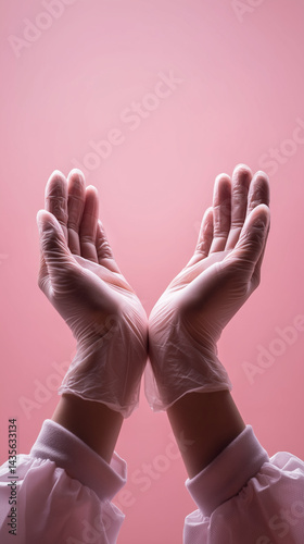 Gloved Hands Cupped Together on Pink Background