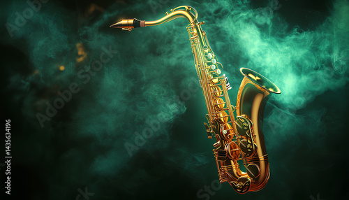 Wallpaper Mural Golden saxophone on dark background with green light and smoke, close-up. Space for text Torontodigital.ca