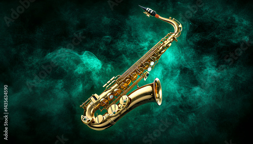 Wallpaper Mural Golden saxophone on dark background with green light and smoke, close-up. Space for text Torontodigital.ca