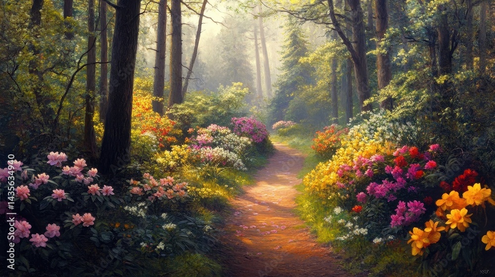 sunlit forest path with blooming rhododendrons