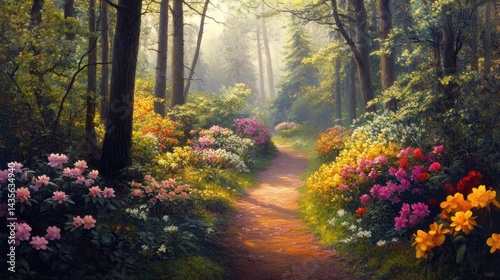 Obraz na płótnie sunlit forest path with blooming rhododendrons w salonie
