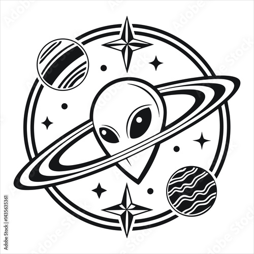 Alien in a Ringed Planet with Galaxy Background


