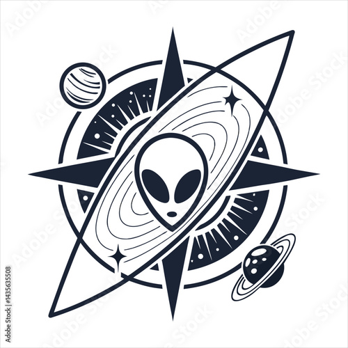 Alien Head with Rocket and Stars