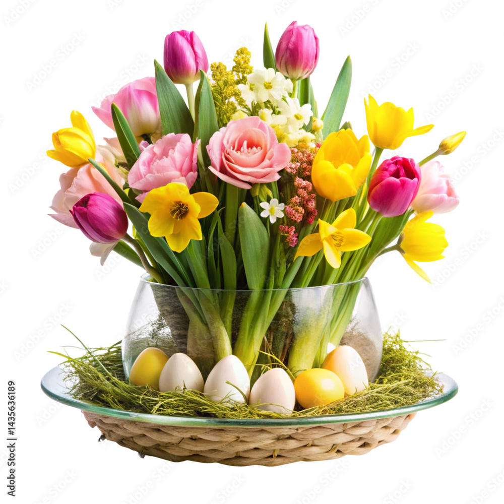 Obraz premium bouquet of colorful tulips and easter eggs