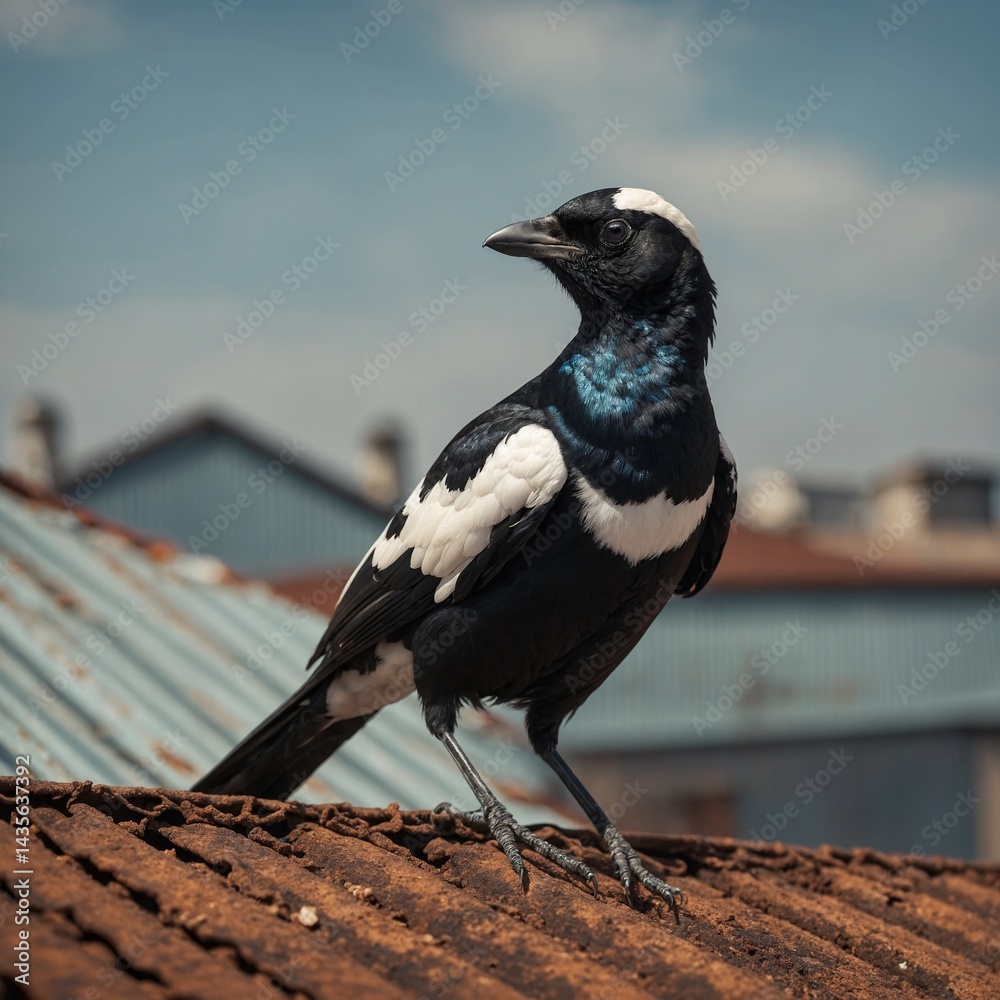 Obraz premium Magpie on Corrugated Rooftop