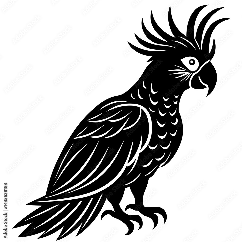 Fototapeta premium vector silhouette of a cockatoo with raised crest, perched, simple shape, white background 