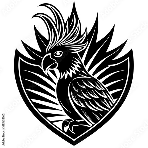 vector silhouette of a cockatoo with raised crest, perched, simple shape, white background 