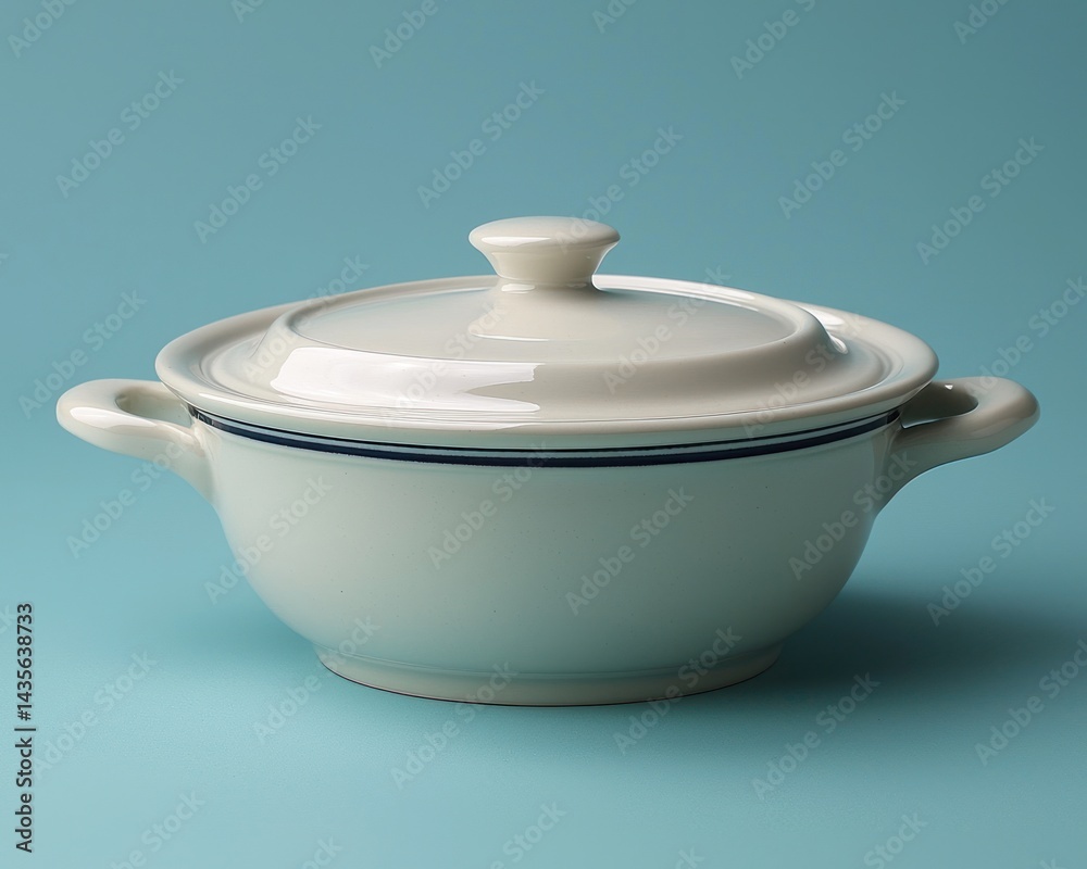 Elegant ceramic pot with lid on a blue background, ideal for kitchen decor Elegant ceramic pot with lid on a blue background, ideal for kitchen decor