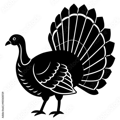 vector silhouette of a turkey with fanned tail feathers, standing proudly, white background