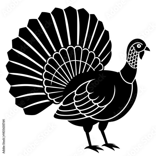 vector silhouette of a turkey with fanned tail feathers, standing proudly, white background