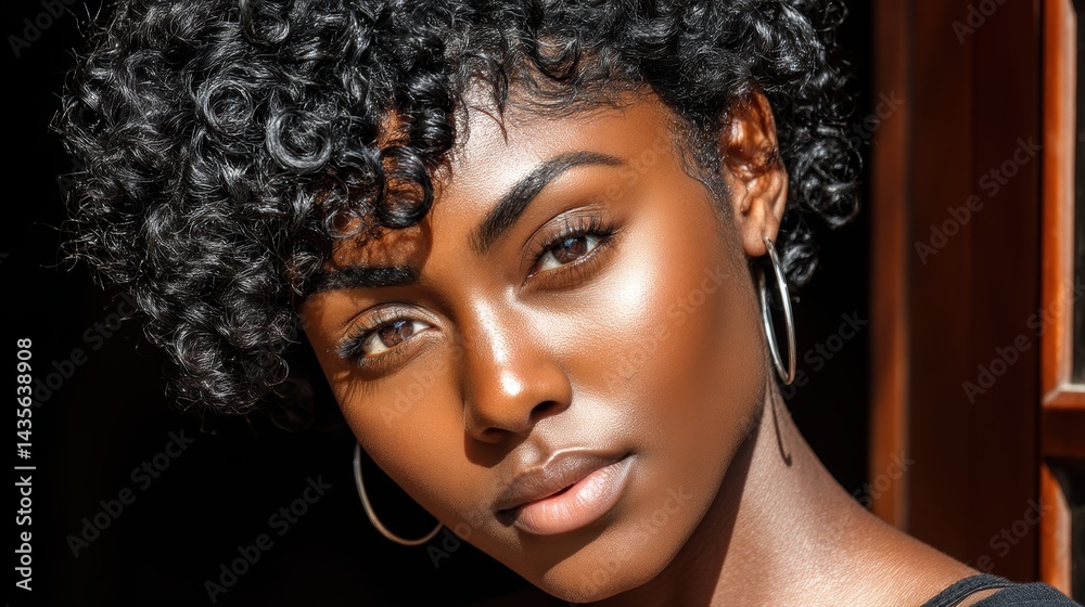 Fototapeta premium Beauty and Personal Care Concept, Portrait of a woman with curly hair, showcasing her striking features and confident expression against a warm background.