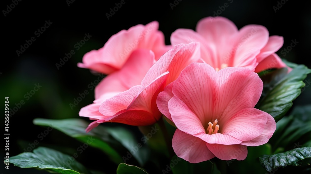 Naklejka premium This vivid image showcases a cluster of delicate pink flowers against a dark background, highlighting their intricate petals and vibrant colors in nature's stunning display.