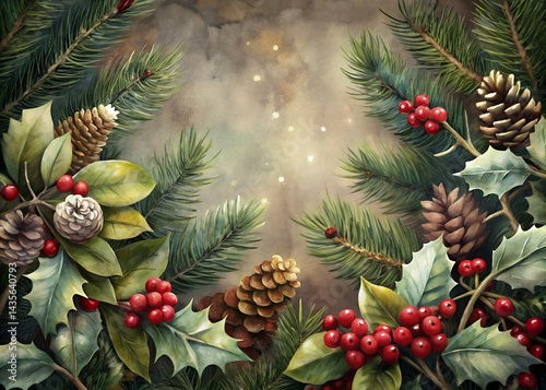 Rustic Christmas Nature Background with Pinecones and Holly Berries