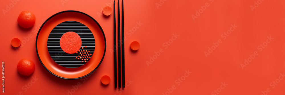 Minimal Japanese-style red plate with black chopsticks on a dark background, symbolizing sushi culture, perfect for a food banner with copy space
