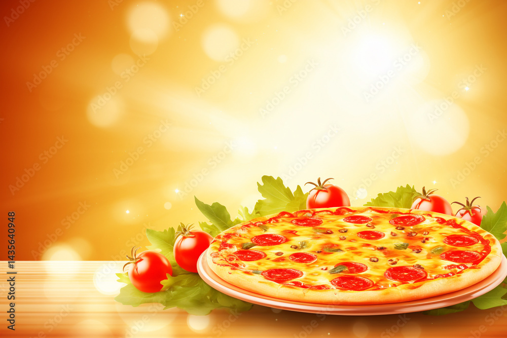 Bright pizza with tomato, yellow onion, cheese, olives, and basil on a plate, vibrant background, perfect for food-themed designs