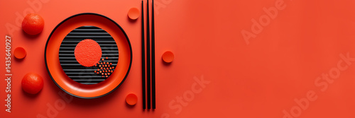 Obraz na płótnie Minimal Japanese-style red plate with black chopsticks on a dark background, symbolizing sushi culture, perfect for a food banner with copy space w salonie